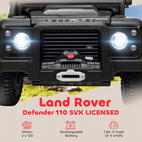 Black plastic battery-powered toy land rover defender 110 svx with illuminated headlights and front winch for kids ride on car