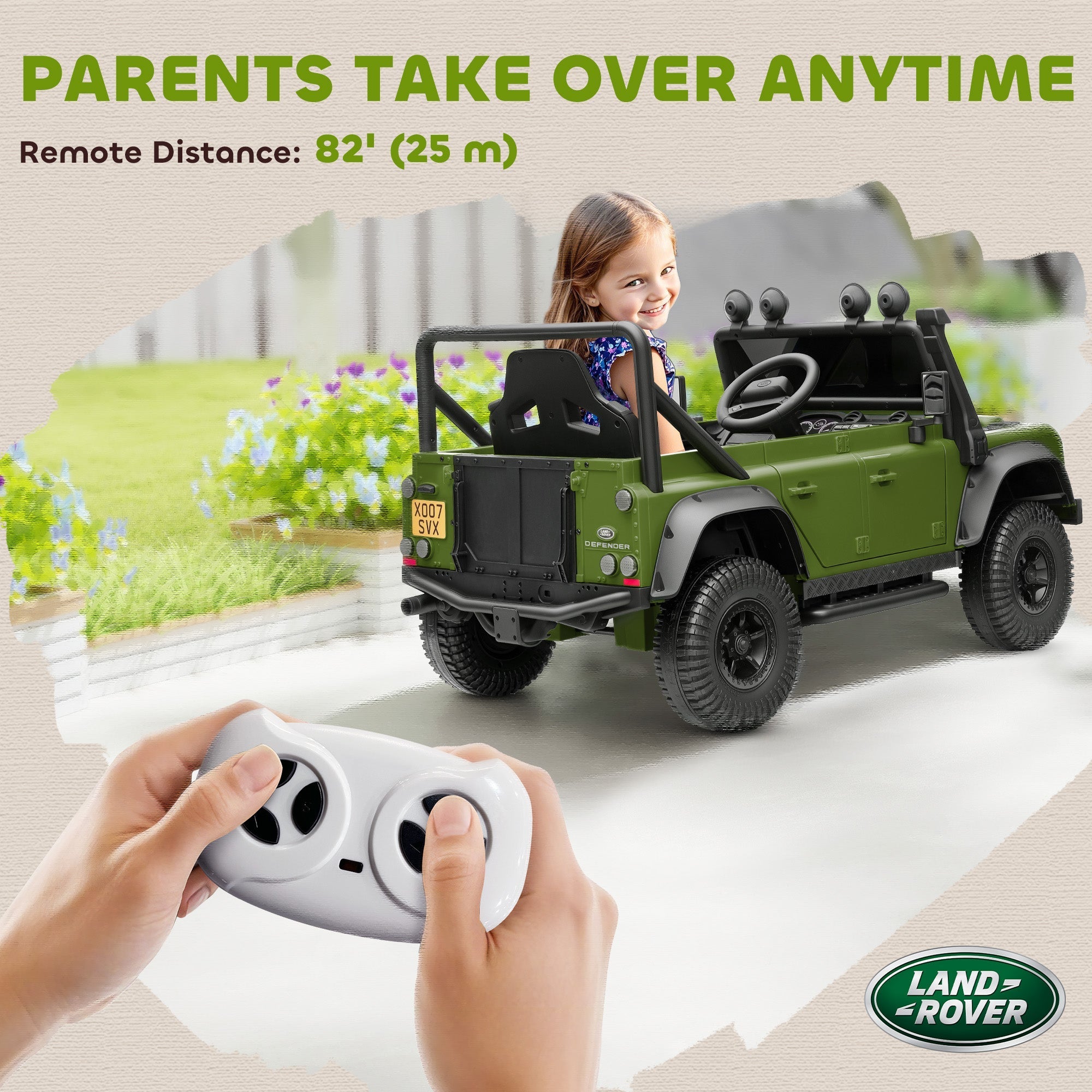 Green land rover battery-powered toy car with remote control music horn and led lights for kids 3-5 years old