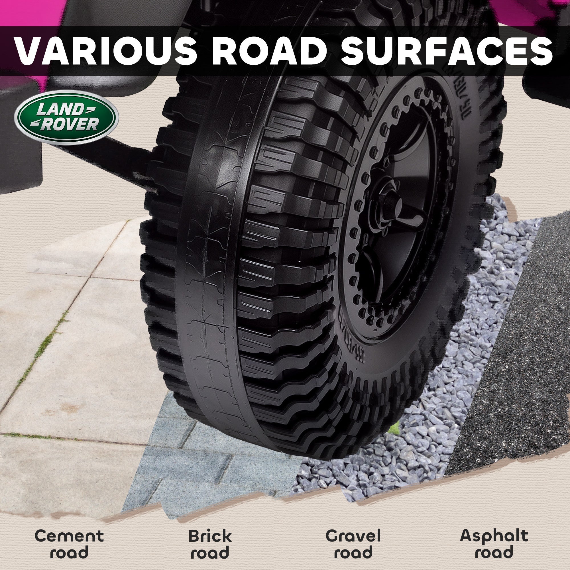 Black rugged off-road tire with deep treads on land rover alloy wheel for pink aiyaplay battery-powered toy car