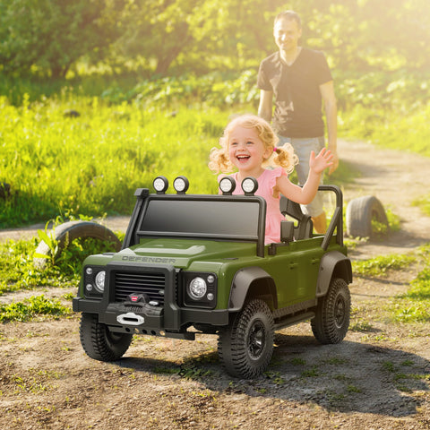Olive green land rover kids ride on battery-powered toy car with remote control and led lights for ages 3 to 5