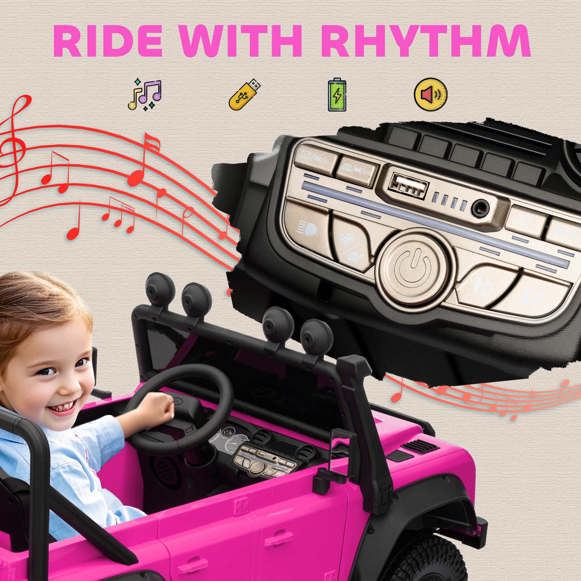 Pink aiyaplay battery-powered toy car with black accents and detailed dashboard with buttons and usb ports for kids
