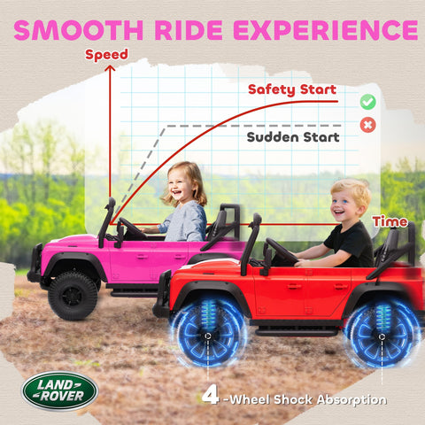 Pink and red land rover battery-powered toy car with blue glowing wheels and safety start for kids aged 3-5 years