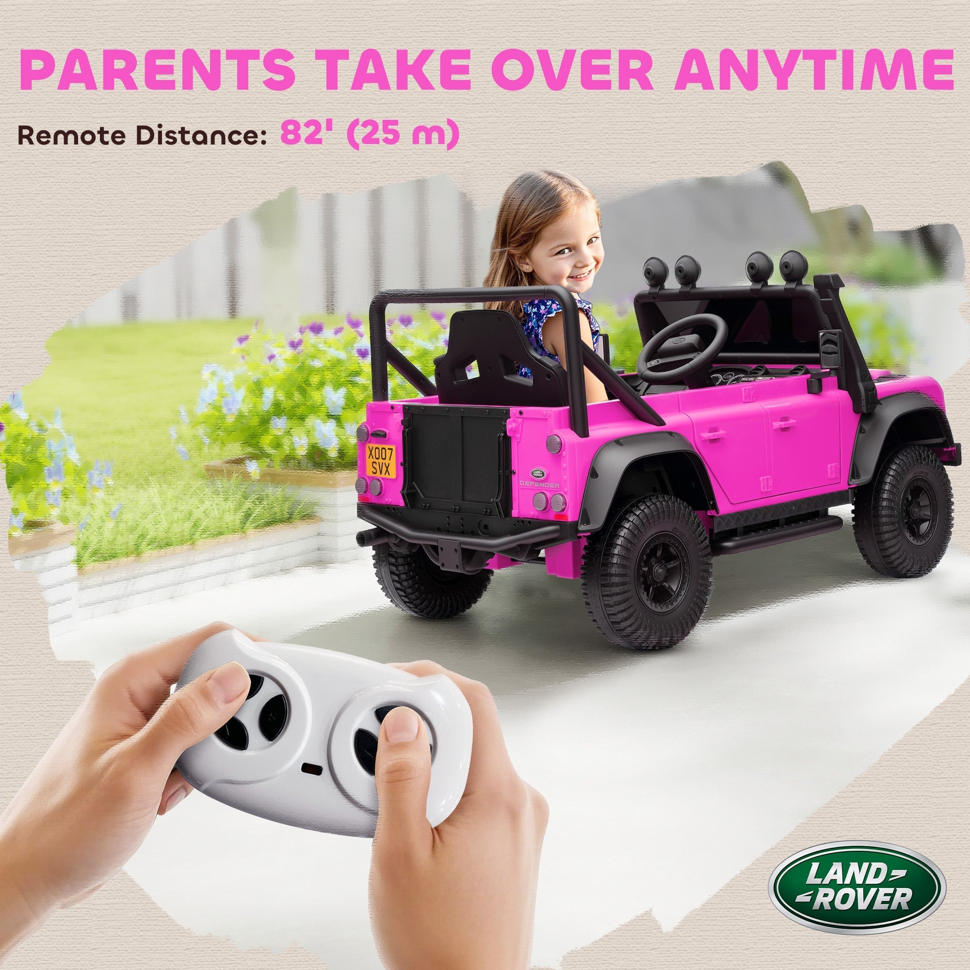 Pink and black AIYAPLAY kids ride on battery-powered toy land rover with remote control and LED lights for ages 3-5