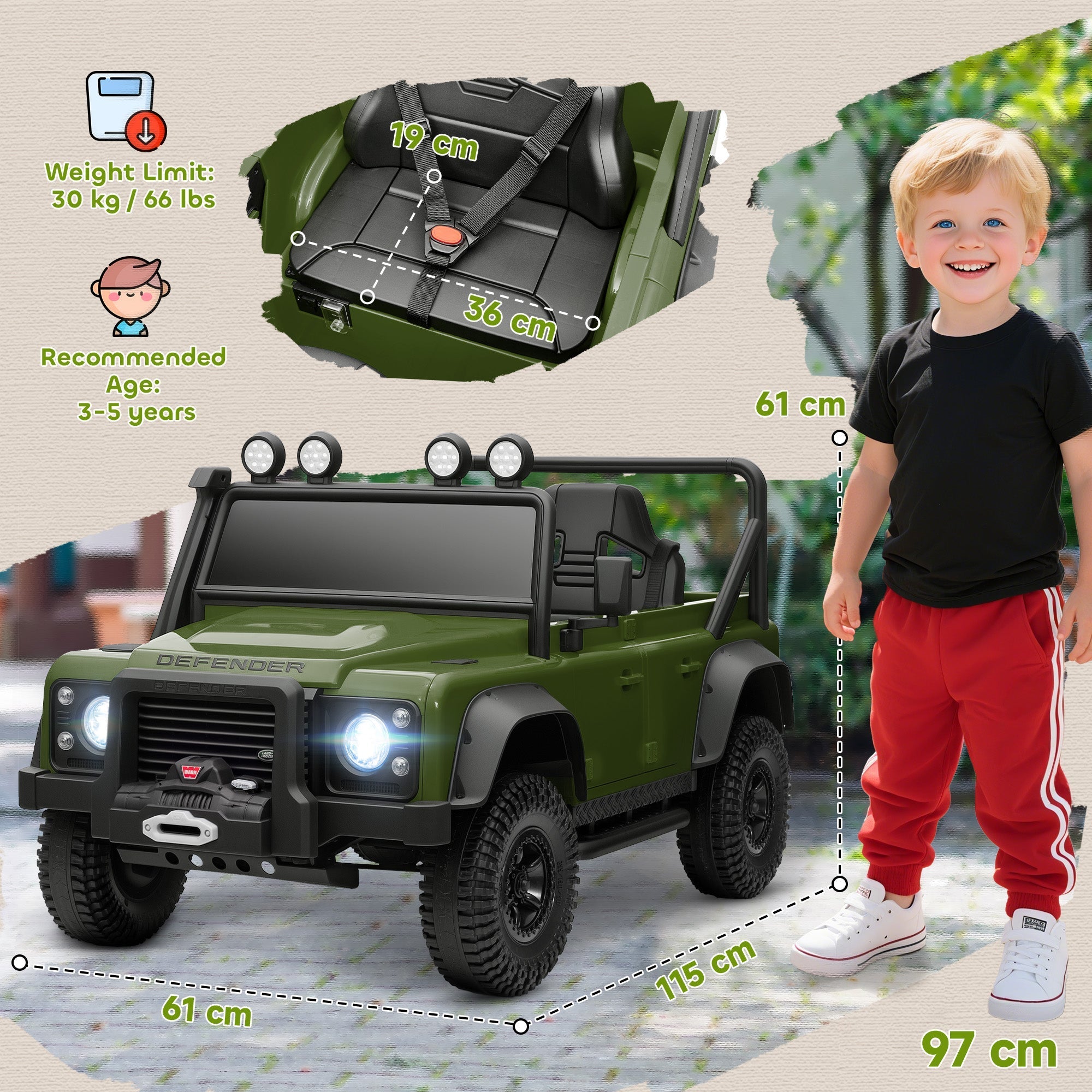 Olive green aiyaplay kids ride on car with remote, music, led lights, and rugged off-road design battery-powered toy car