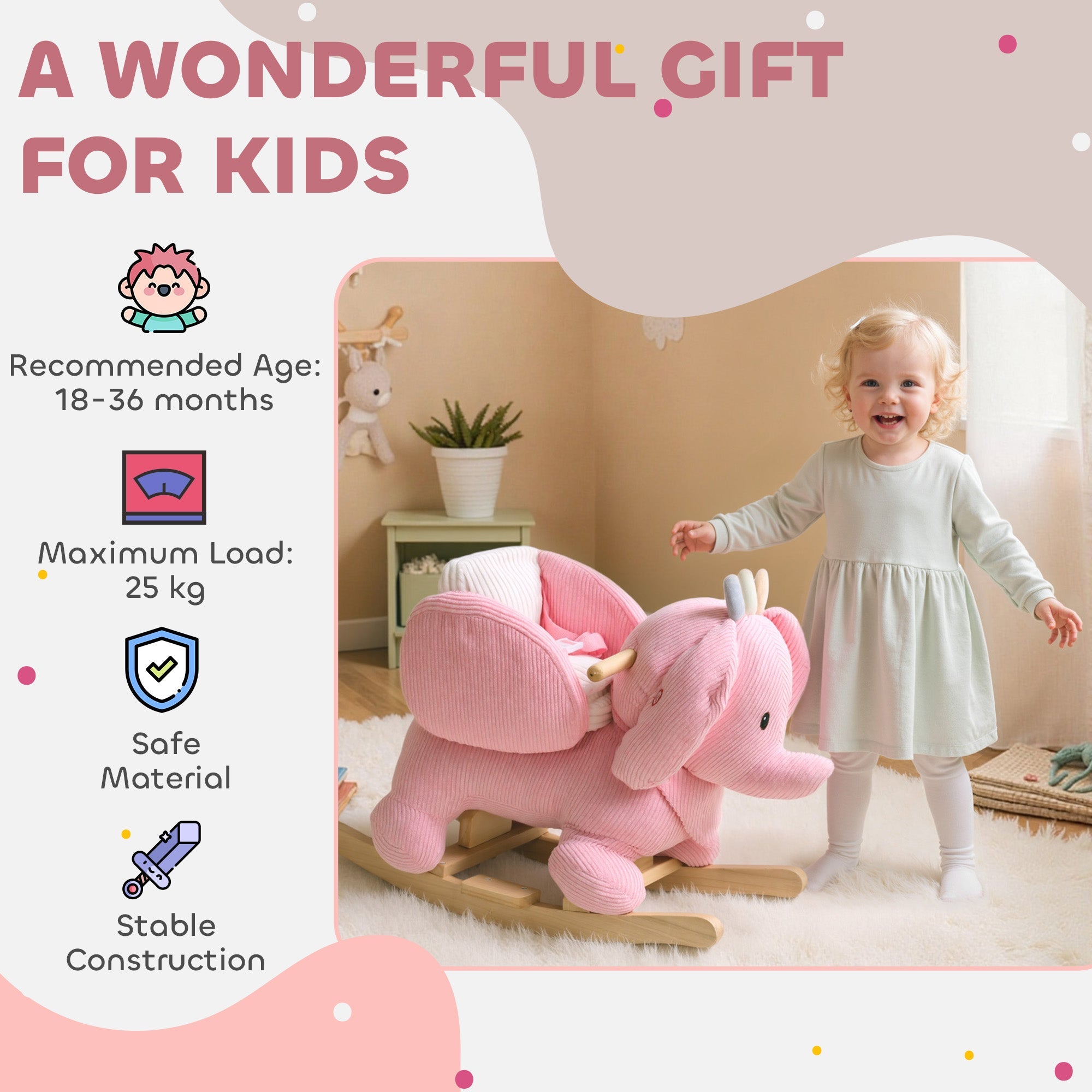 Pink corduroy elephant rocking horse with wooden base featuring safety belt and en71-1-2-3 item label
