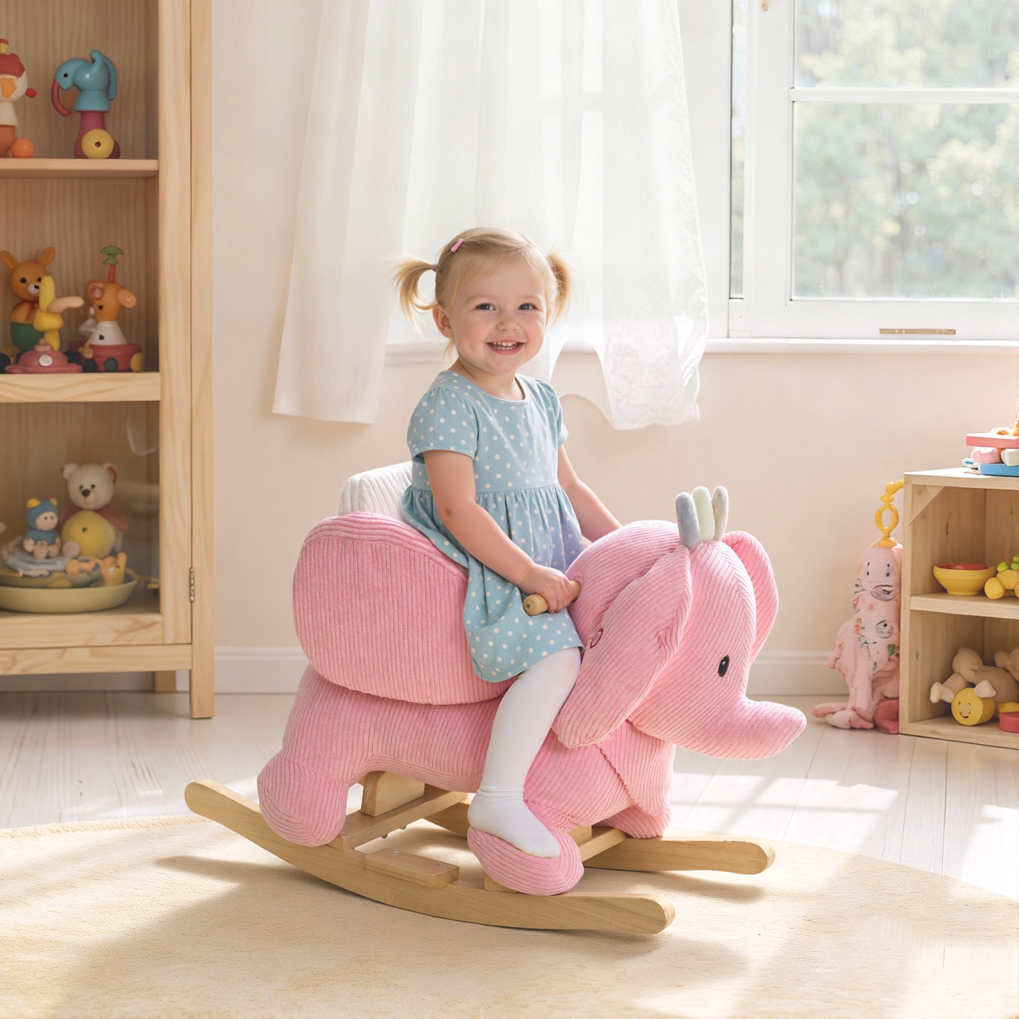 Pink corduroy elephant rocking horse with wooden base and handle en71-1-2-3 item for toddlers 18 to 36 months