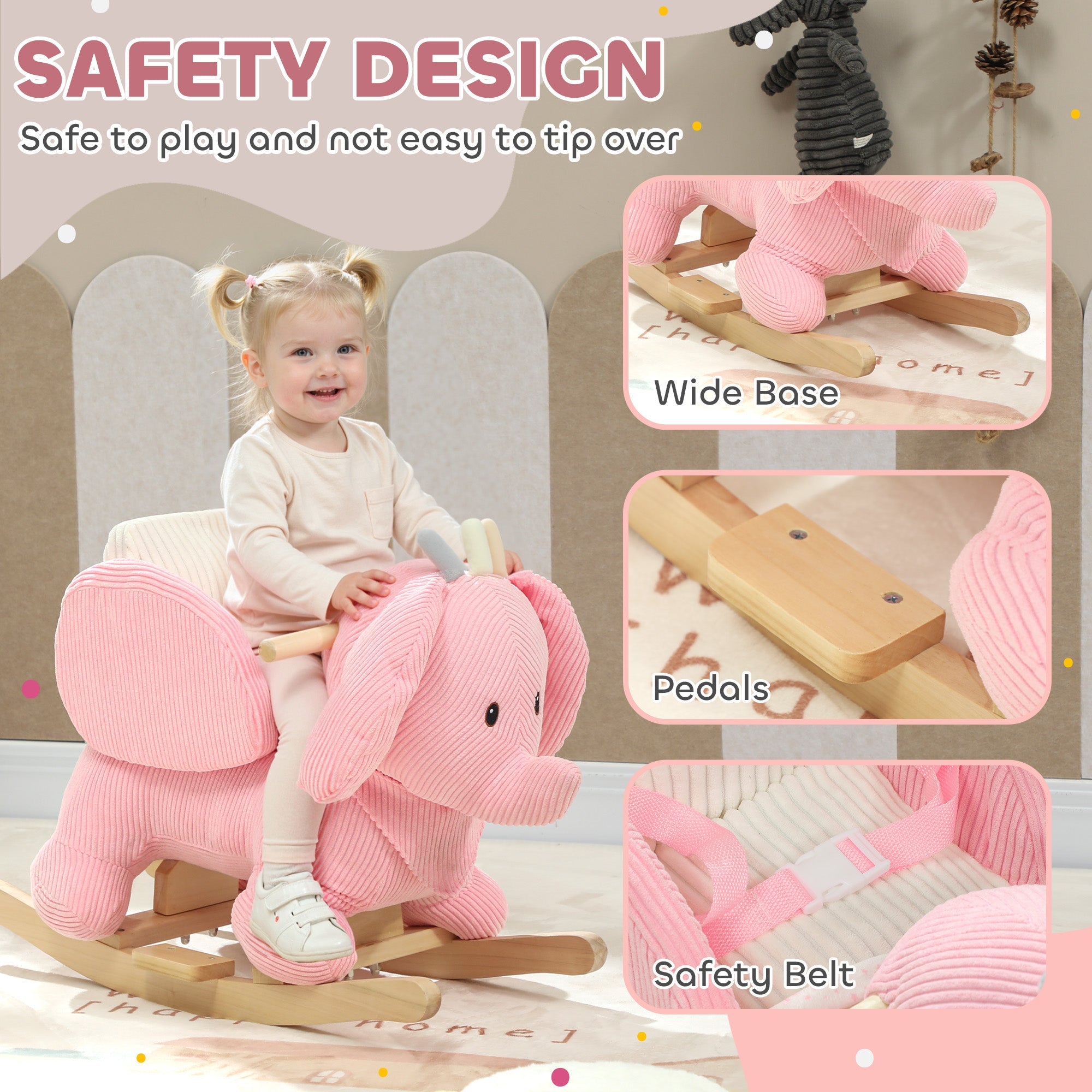 Pink corduroy elephant rocking horse with wooden base pedals and safety belt en71-1-2-3 item for toddlers