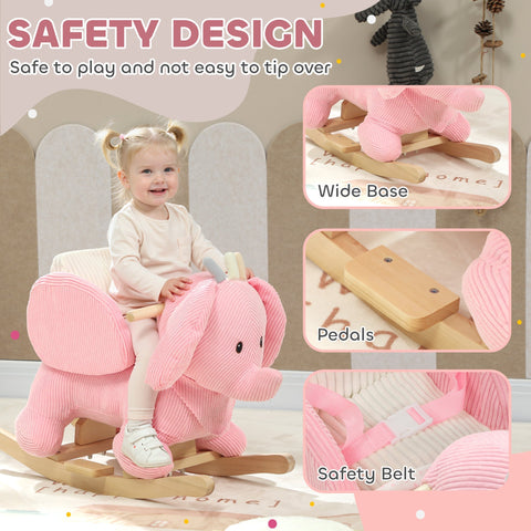 Pink corduroy elephant rocking horse with wooden base pedals and safety belt en71-1-2-3 item for toddlers