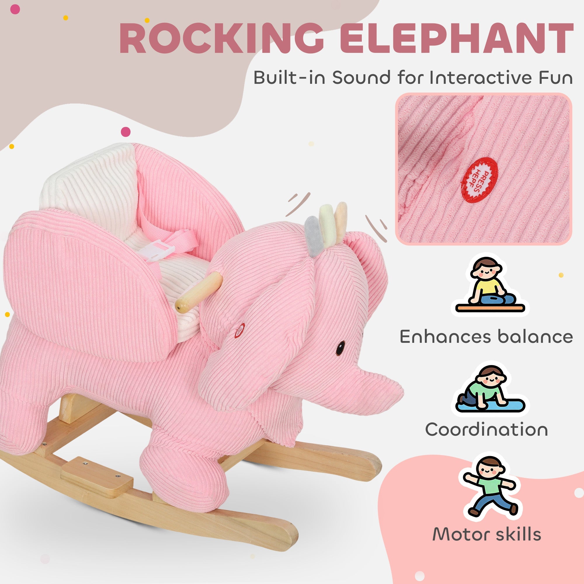 Pink corduroy aiya play rocking horse elephant rocker with wooden base and sound features for toddlers en71-1-2-3 item