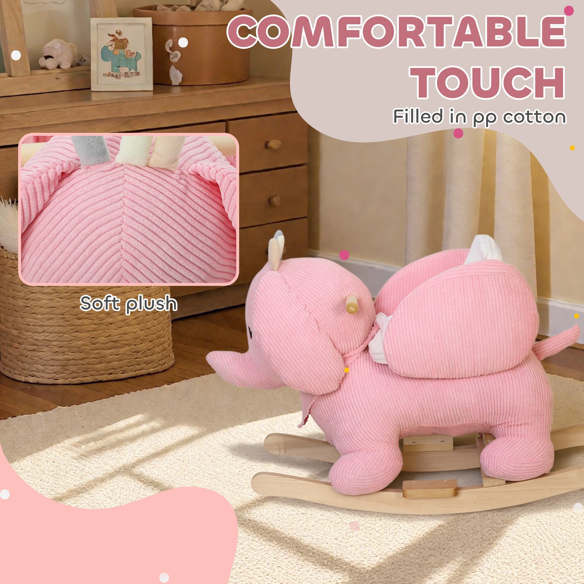 Pink corduroy elephant rocking horse with wooden base and pp cotton filling en71-1-2-3 item for toddlers