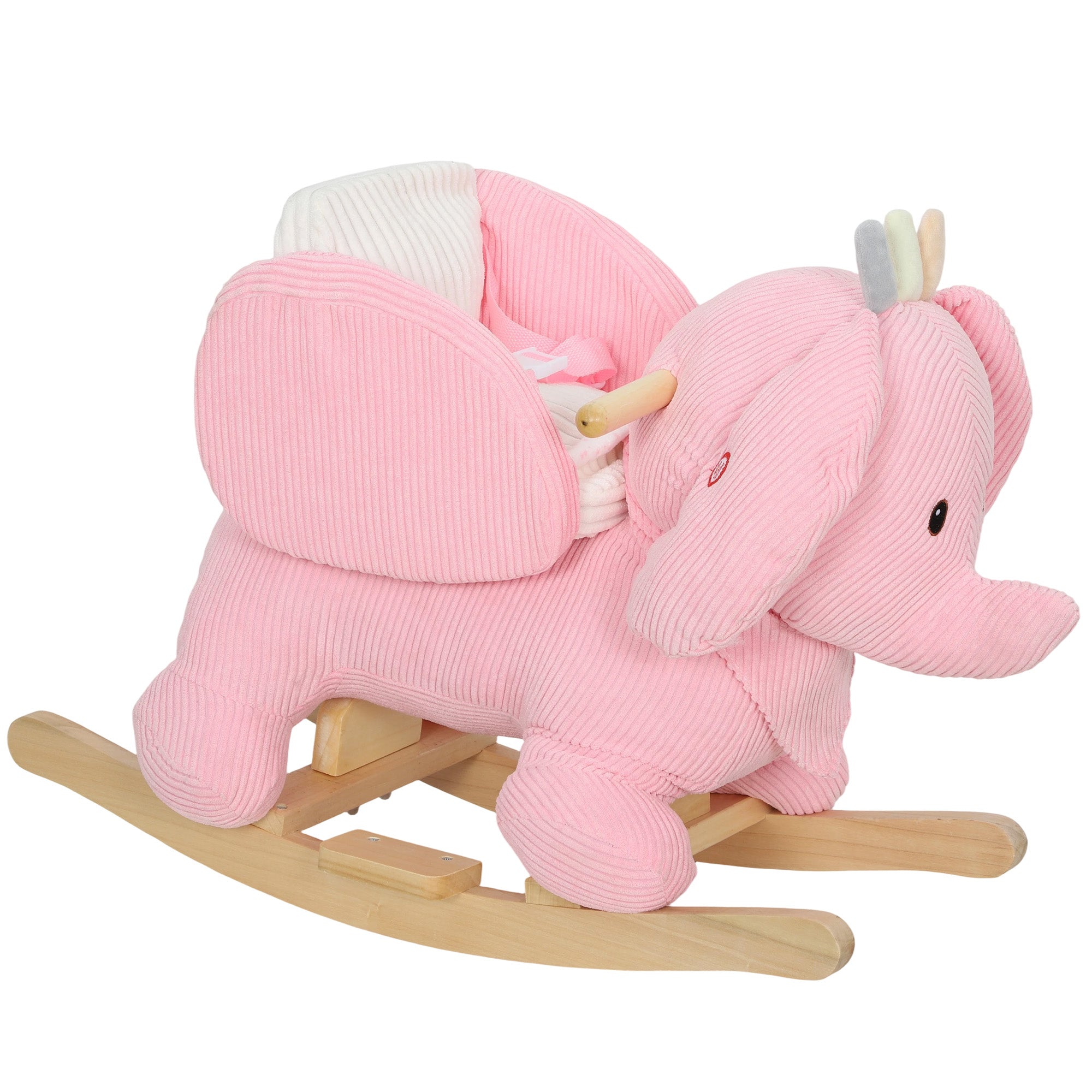 Pink corduroy elephant rocking horse with wooden base and white seat for toddlers with en71-1-2-3 item label