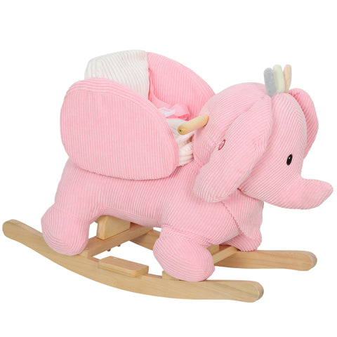 Pink corduroy elephant rocking horse with wooden base and white seat for toddlers with en71-1-2-3 item label