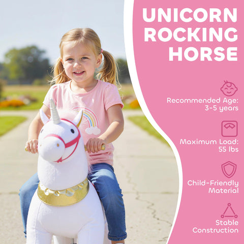 White plush kids rocking horse with gold accents and rainbow face design ai yaplay ride on unicorn toy