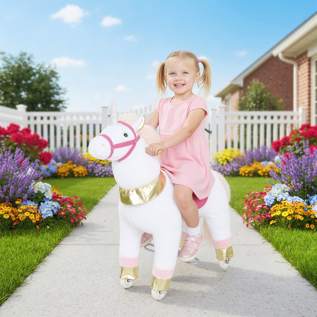 Aiyaplay white plush kids rocking horse with pink and gold accents ride on toy for ages 3-5 years old
