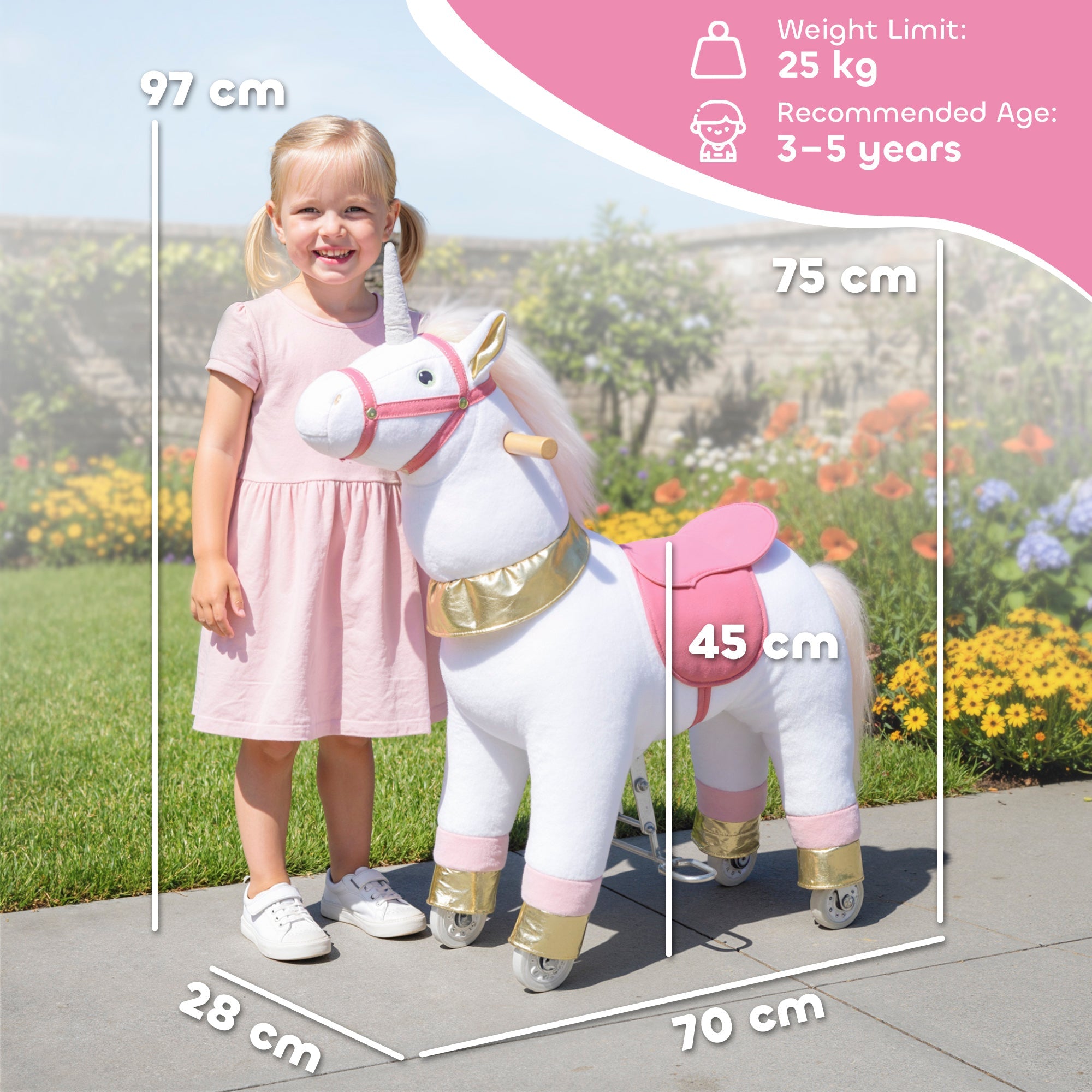 White plush unicorn kids rocking horse with pink and gold accents saddle bridle and hoof covers for ages 3-5