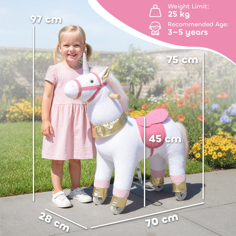 White plush unicorn kids rocking horse with pink and gold accents saddle bridle and hoof covers for ages 3-5
