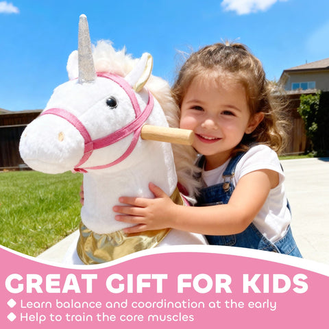 Aiyaplay kids rocking horse white plush unicorn with silver horn pink bridle gold skirt ride on toy for ages 3-5