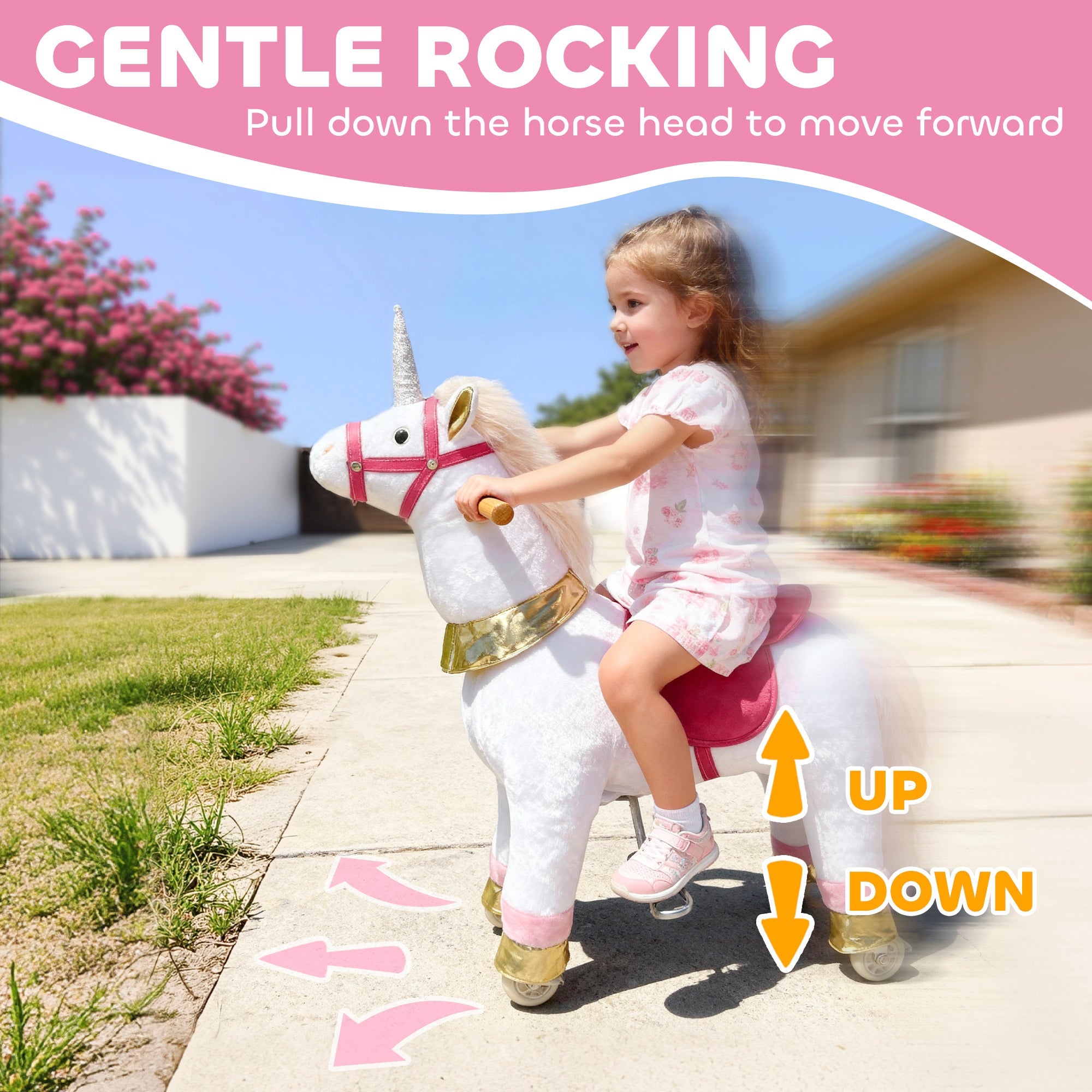 White plush unicorn kids rocking horse with pink bridle gold accents and silver horn for ages 3 to 5 years