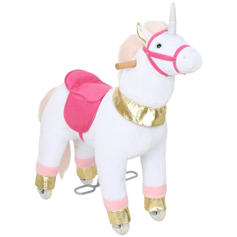 White plush unicorn kids rocking horse with pink saddle gold accents and silver horn for ages 3 to 5 years old