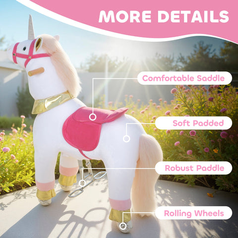 White plush unicorn kids rocking horse with pink saddle gold accents and rolling wheels for kids ages 3 to 5 years