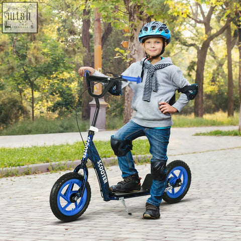 Blue and black aiyaplay kids scooter with adjustable handlebar rear brake non slip footplate and kickstand