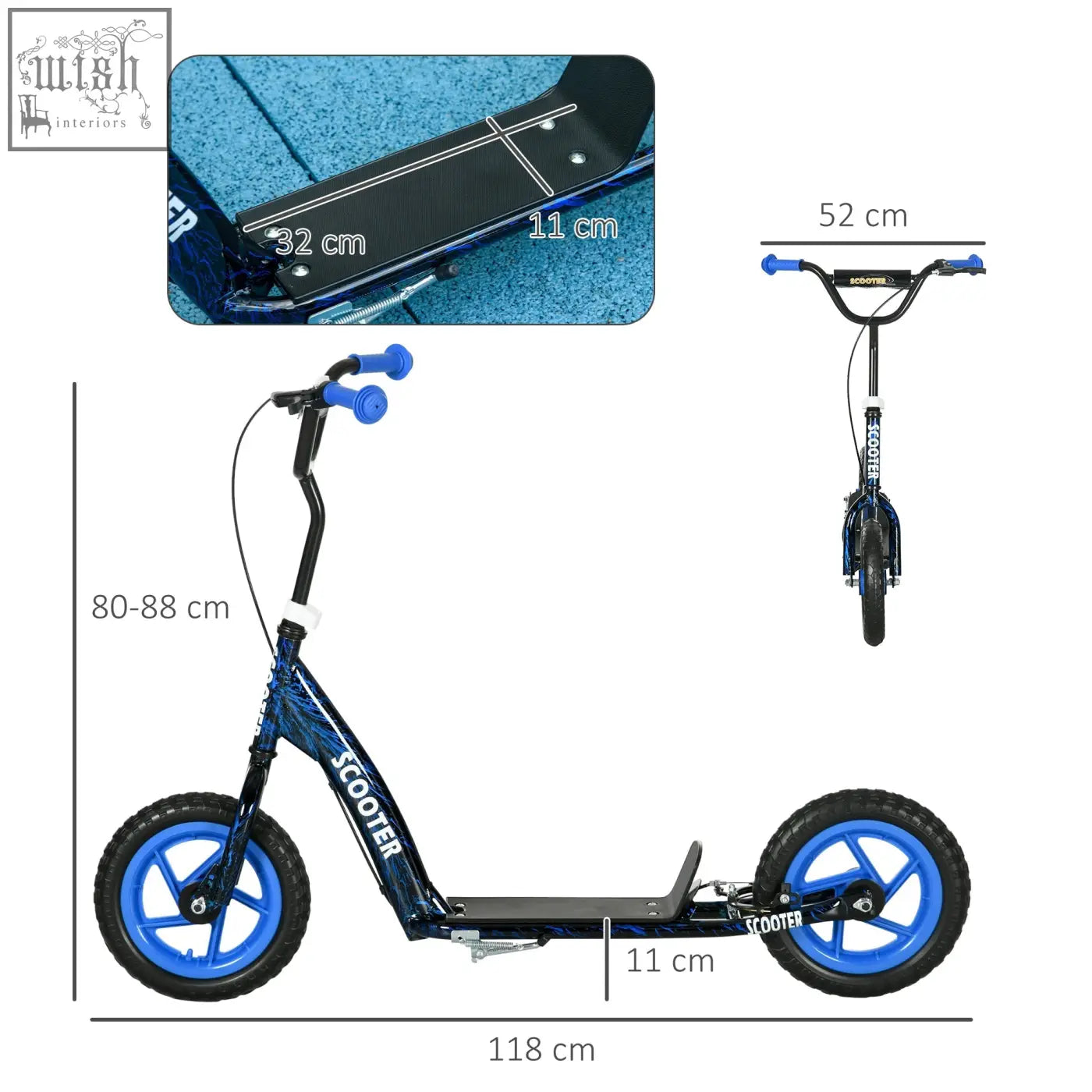 Blue and black aiyaplay kids scooter with adjustable handlebar, rear brake, non-slip footplate, and blue accents