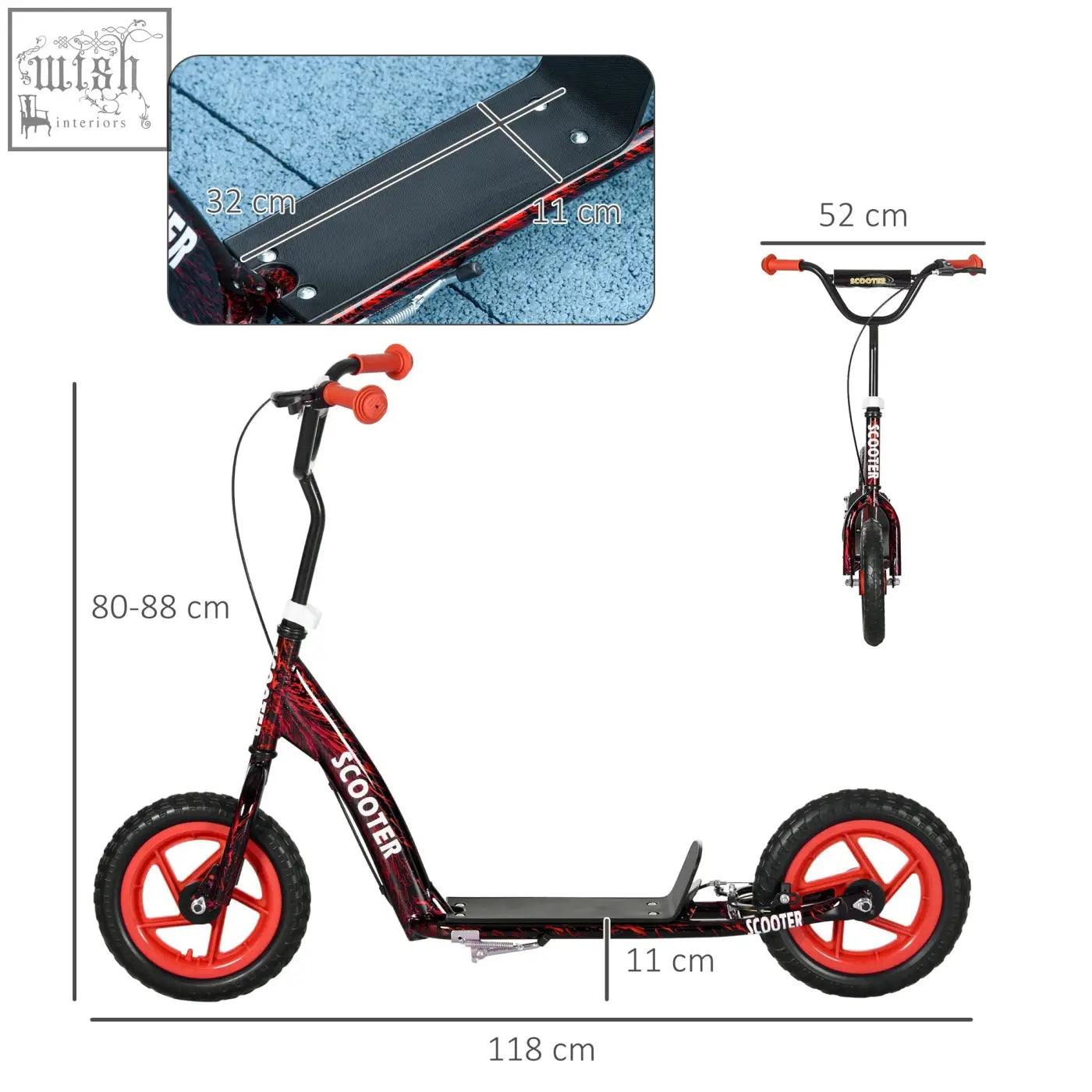 Red and black aiyaplay kids scooter with orange handlebars and wheels featuring rear brake and adjustable handlebar