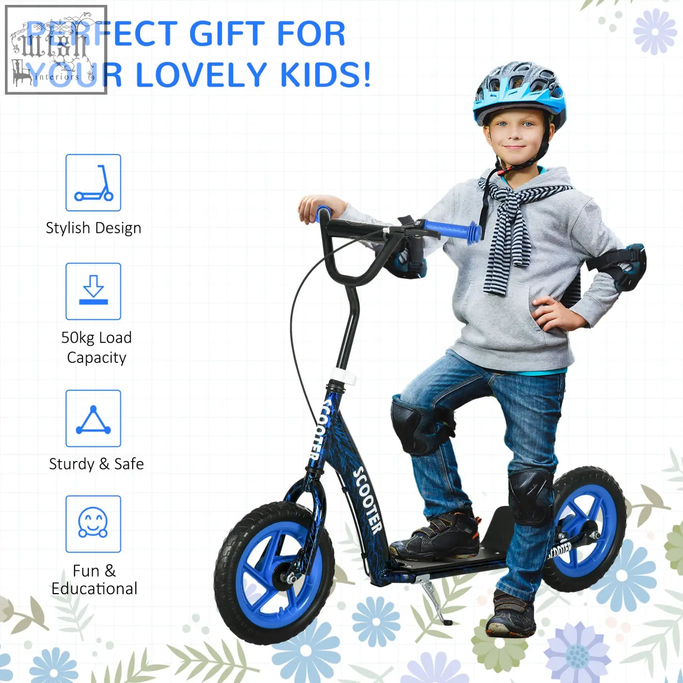 Blue and black aiyaplay kids scooter with adjustable handlebar bright blue wheels rear brake and non slip footplate