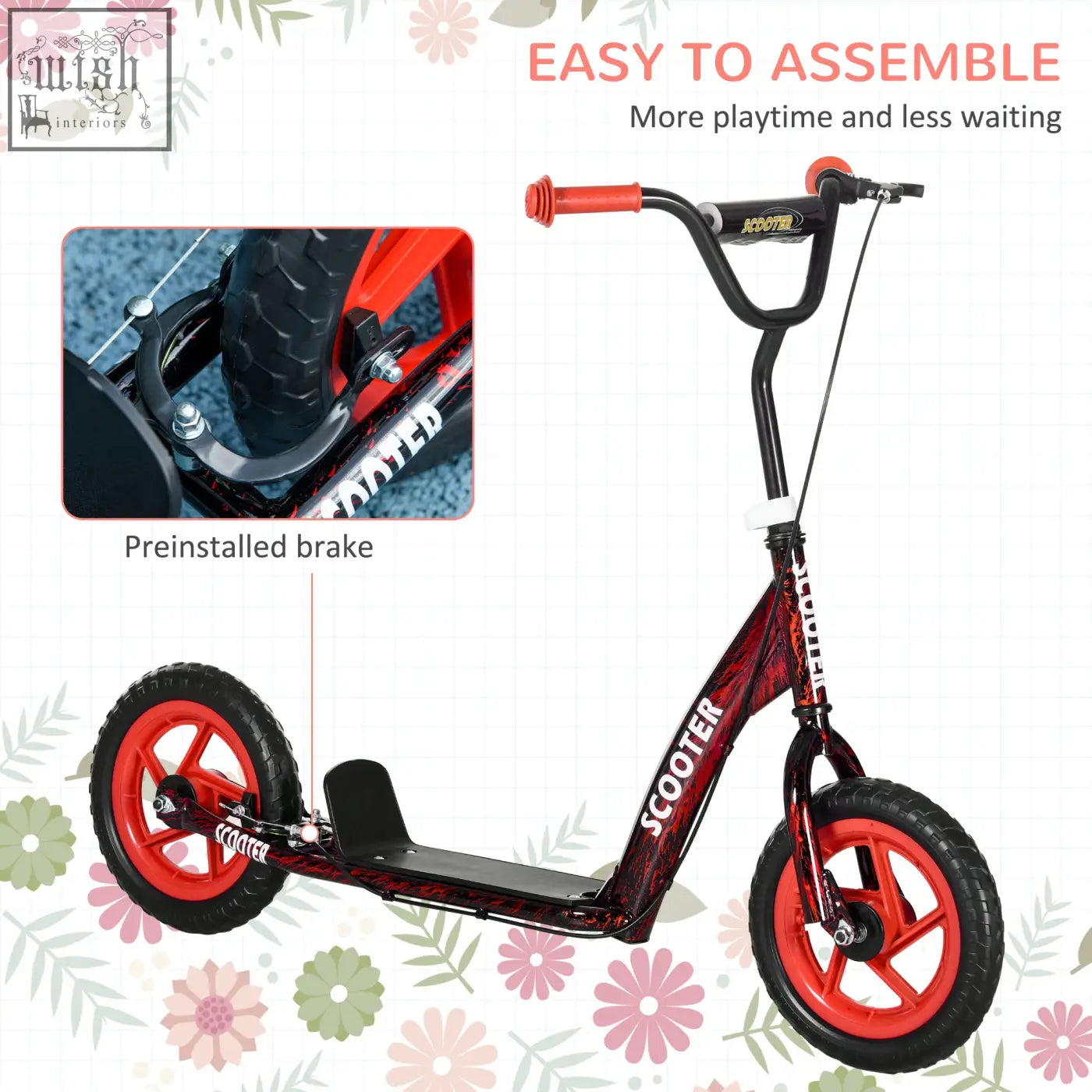 Red and black aiyaplay kids scooter with orange handlebars, non slip footplate, adjustable handlebar, and rear brake