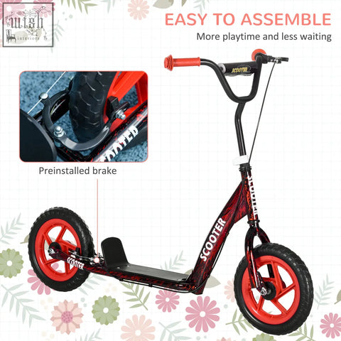 Red and black aiyaplay kids scooter with orange handlebars, non slip footplate, adjustable handlebar, and rear brake
