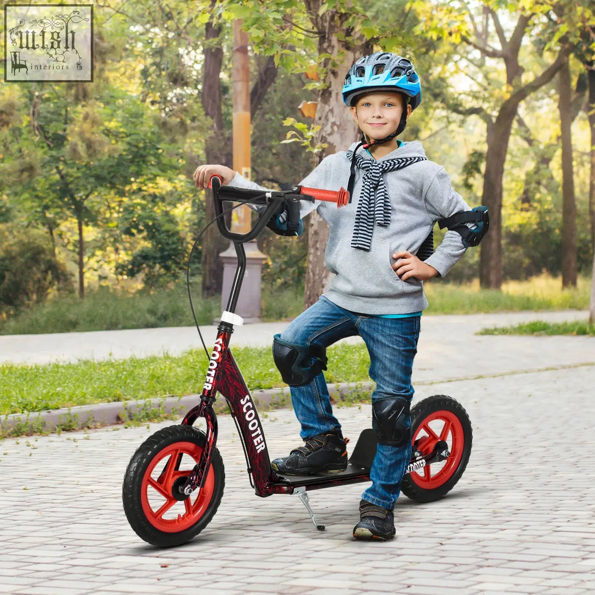 Red and black aiyaplay kids scooter with orange adjustable handlebars and rear brake for safe riding