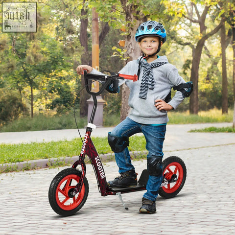 Red and black aiyaplay kids scooter with orange adjustable handlebars and rear brake for safe riding