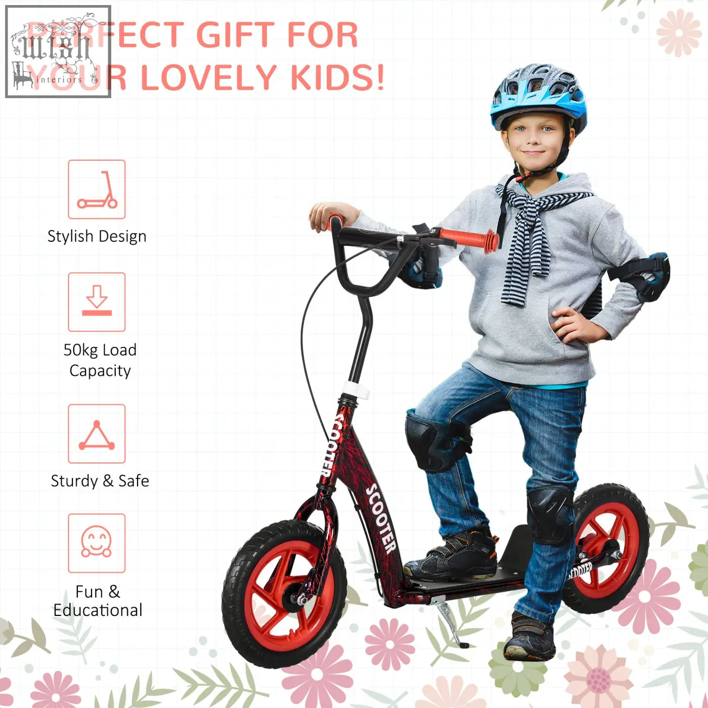 Red and black aiyaplay kids scooter with adjustable orange handlebars rear brake and non-slip footplate for safety