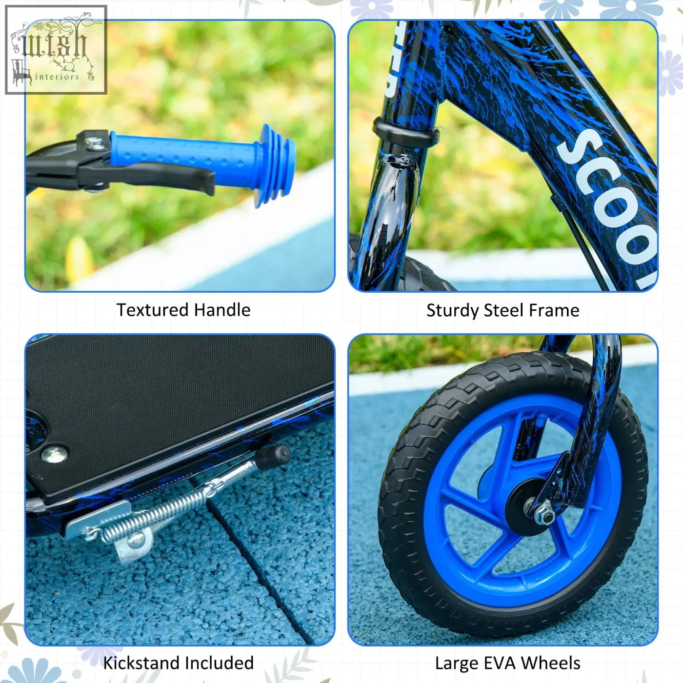 Blue and black aiyaplay kids scooter with adjustable handlebar rear brake sturdy steel frame large eva wheels and kickstand