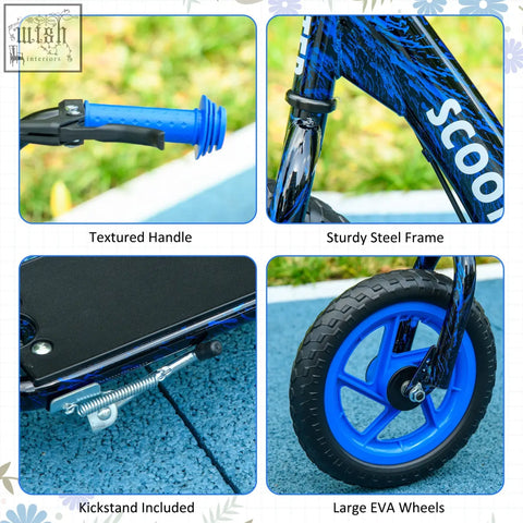 Blue and black aiyaplay kids scooter with adjustable handlebar rear brake sturdy steel frame large eva wheels and kickstand