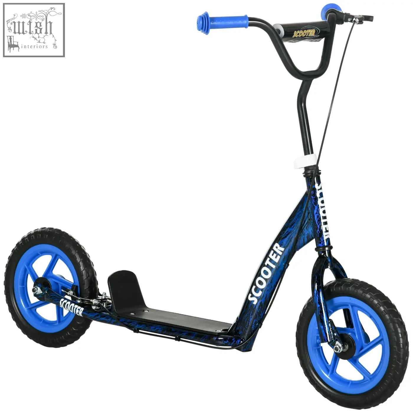 Blue and black aiyaplay kids scooter with bright blue handlebars wheels rear brake and adjustable handlebar features