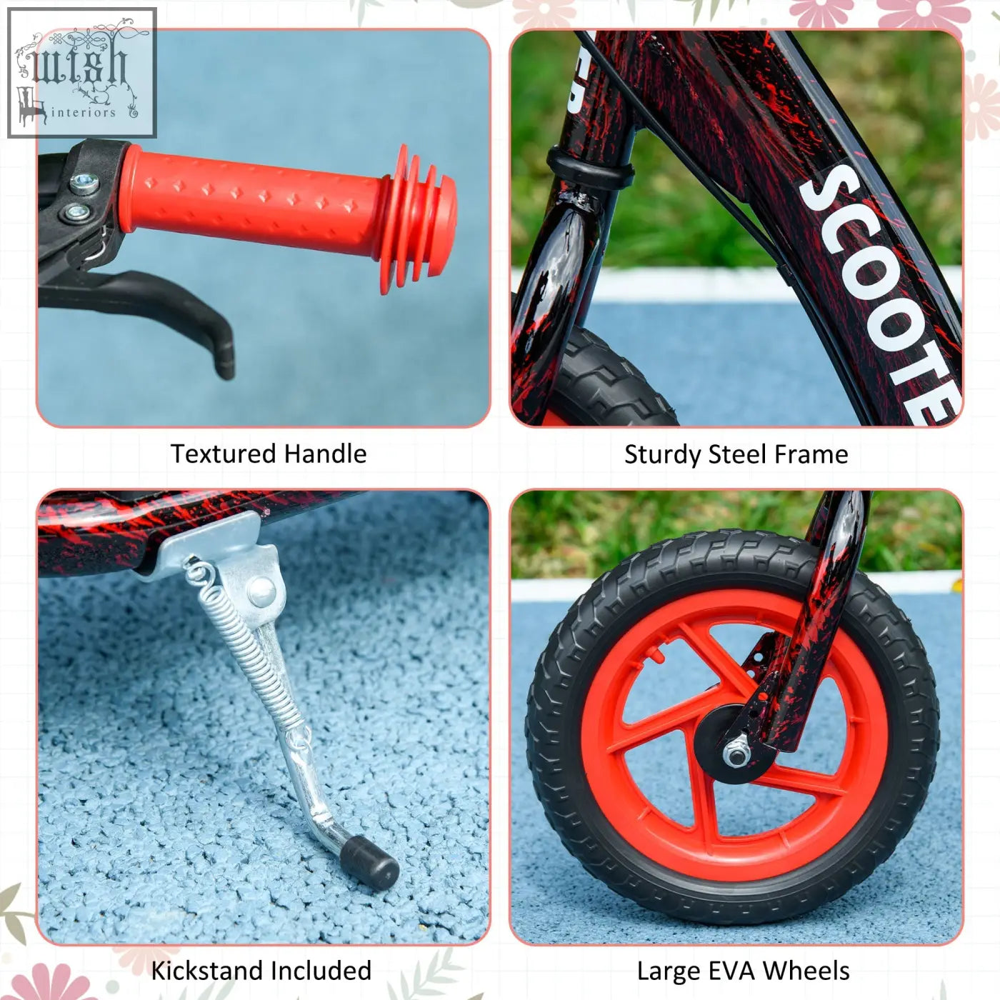 Red and black aiyaplay kids scooter with adjustable handlebar, rear brake, sturdy steel frame, large eva wheels, and kickstand