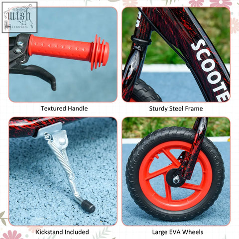 Red and black aiyaplay kids scooter with adjustable handlebar, rear brake, sturdy steel frame, large eva wheels, and kickstand