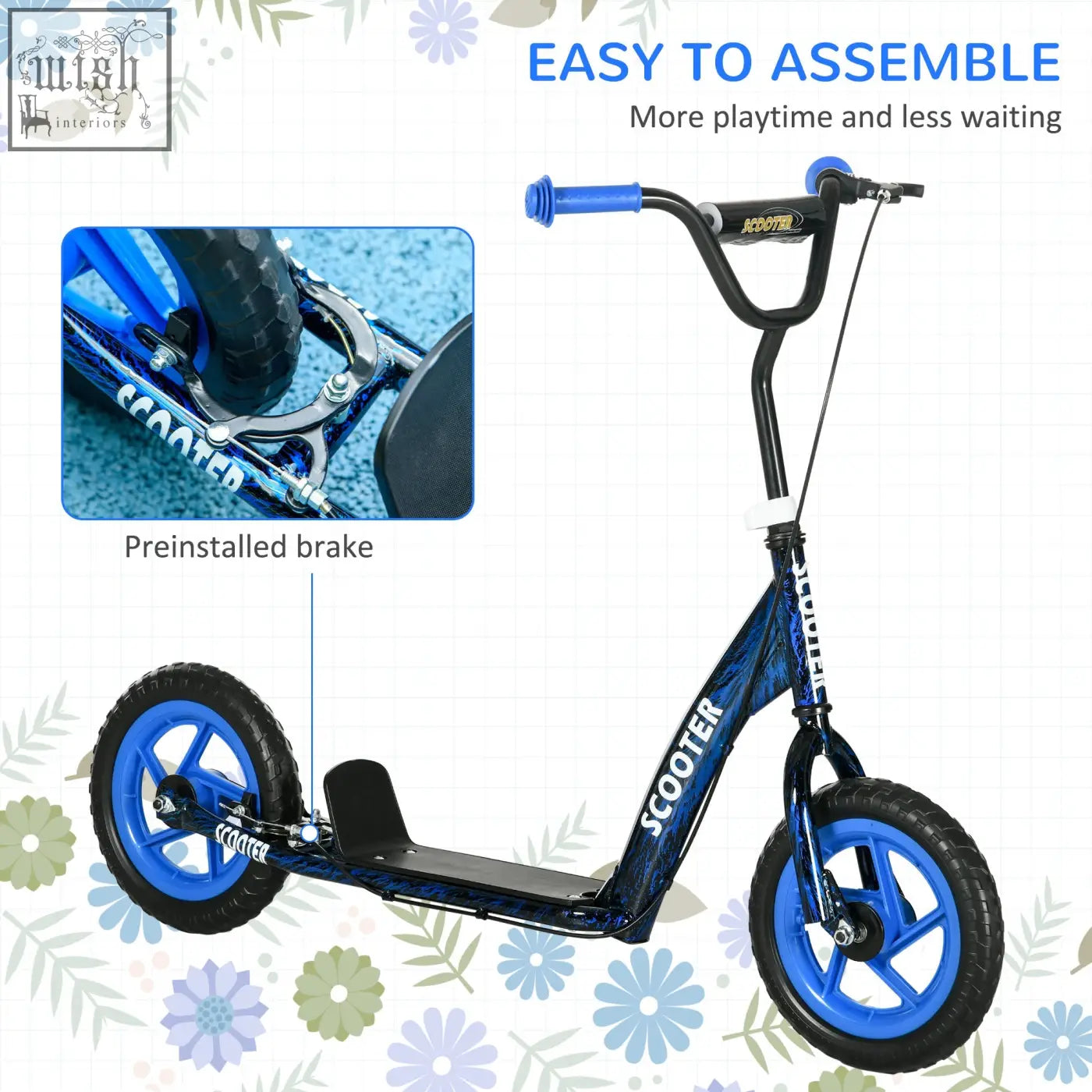 Blue and black aiyaplay kids scooter with adjustable handlebar rear brake non slip footplate and bright blue accents
