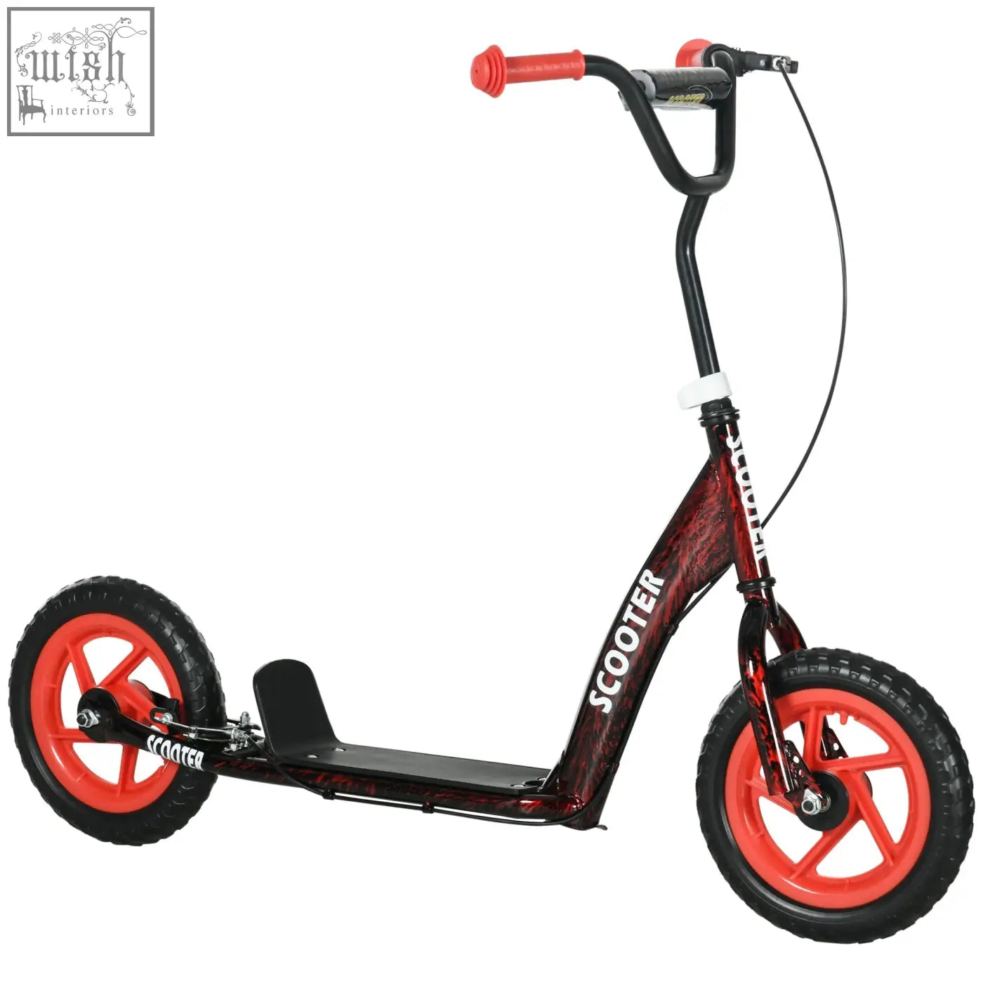 Red and black aiyaplay kids scooter with bright orange wheels adjustable handlebar rear brake and kickstand