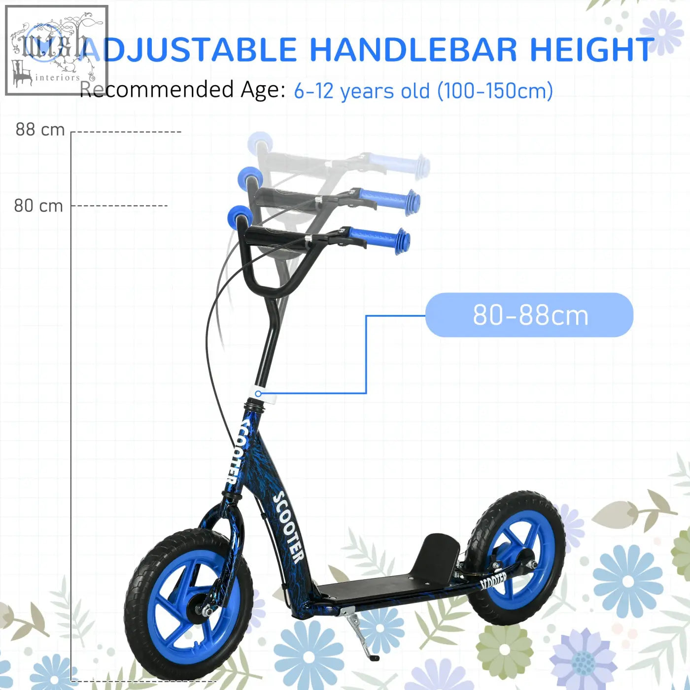Blue and black aiyaplay kids scooter with adjustable handlebar blue grips wheels rear brake and non slip footplate