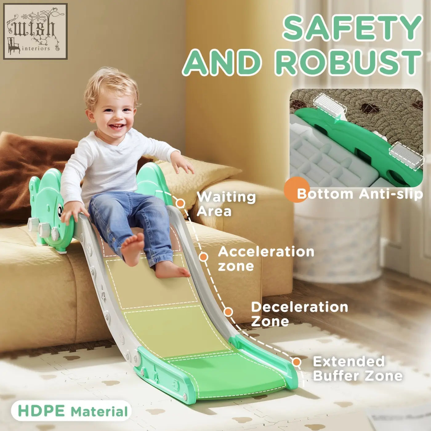 Aiyaplay toddler slide in green and white hdpe with dinosaur theme and anti slip pad for sliding fun on sofa and bed
