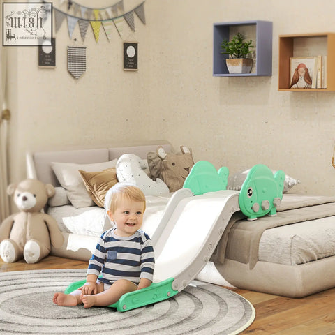 Aiyaplay toddler slide in mint green hdpe with dinosaur head design white sliding surface and anti slip pad for sliding fun