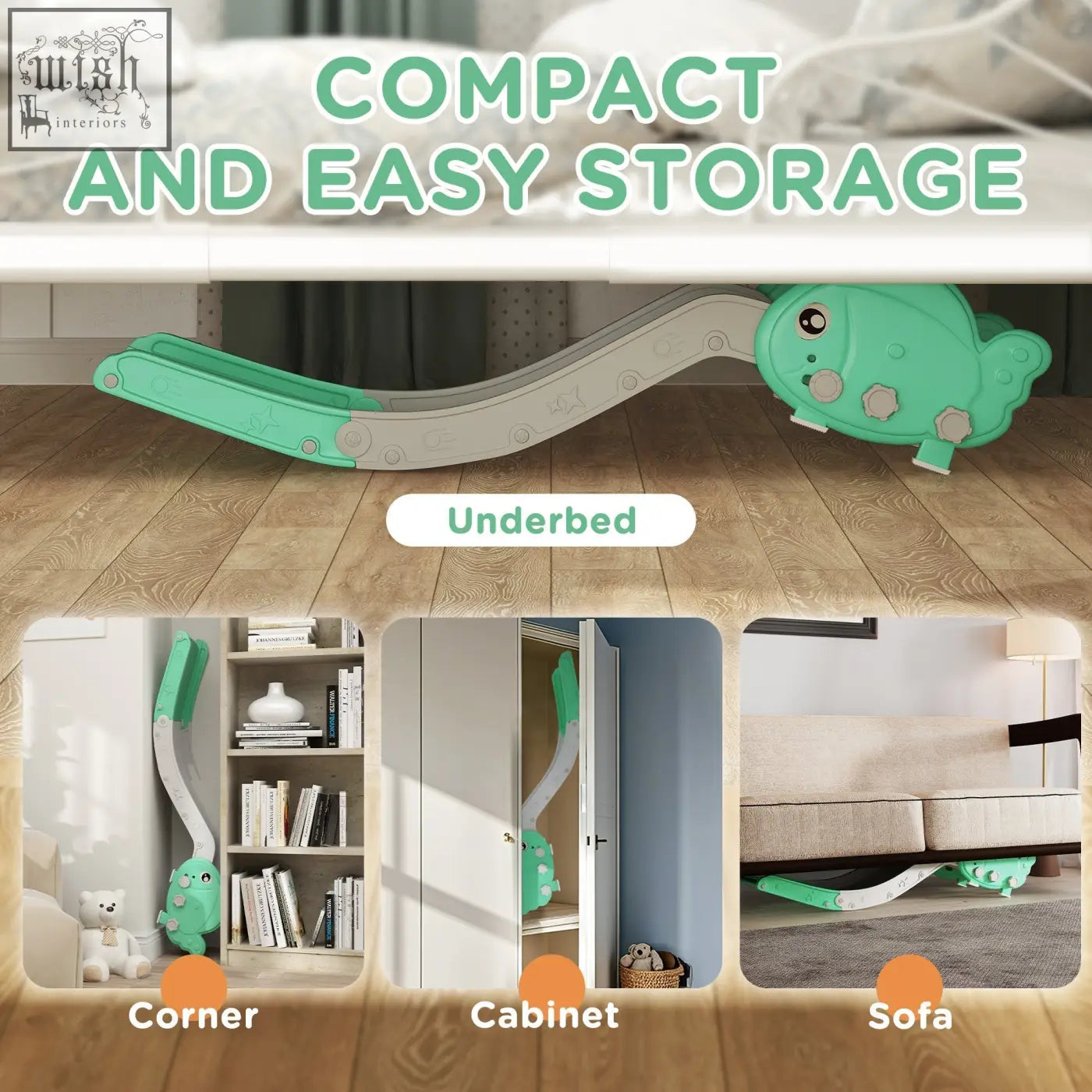Aiyaplay toddler slide in teal and white hdpe with frog head design, anti-slip pad, and underbed storage for sliding fun