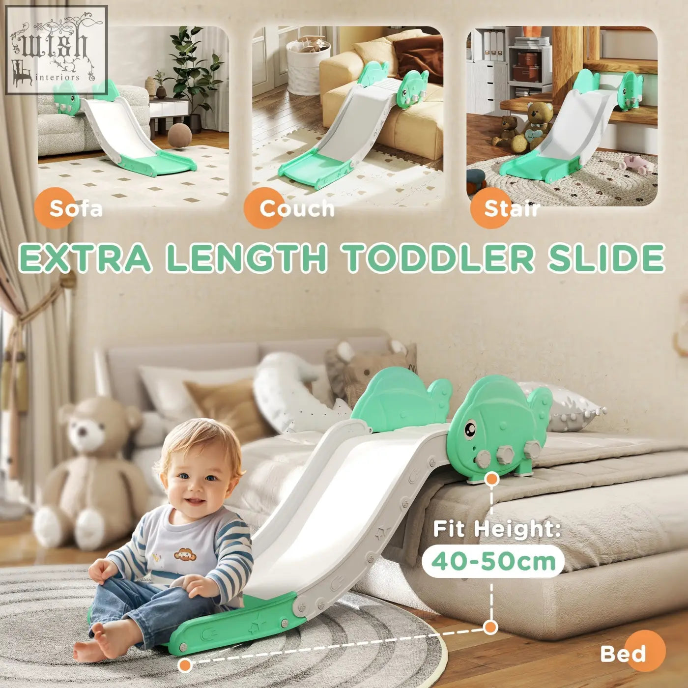 Aiyaplay toddler slide in teal and white hdpe with dinosaur head design and anti slip pad for sliding fun on sofa and stairs