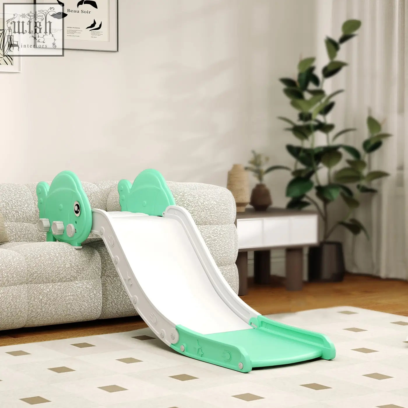 Mint green ai yaplay kids sofa toddler slide with fish head, white hdpe surface, anti-slip pad, sliding fun indoors