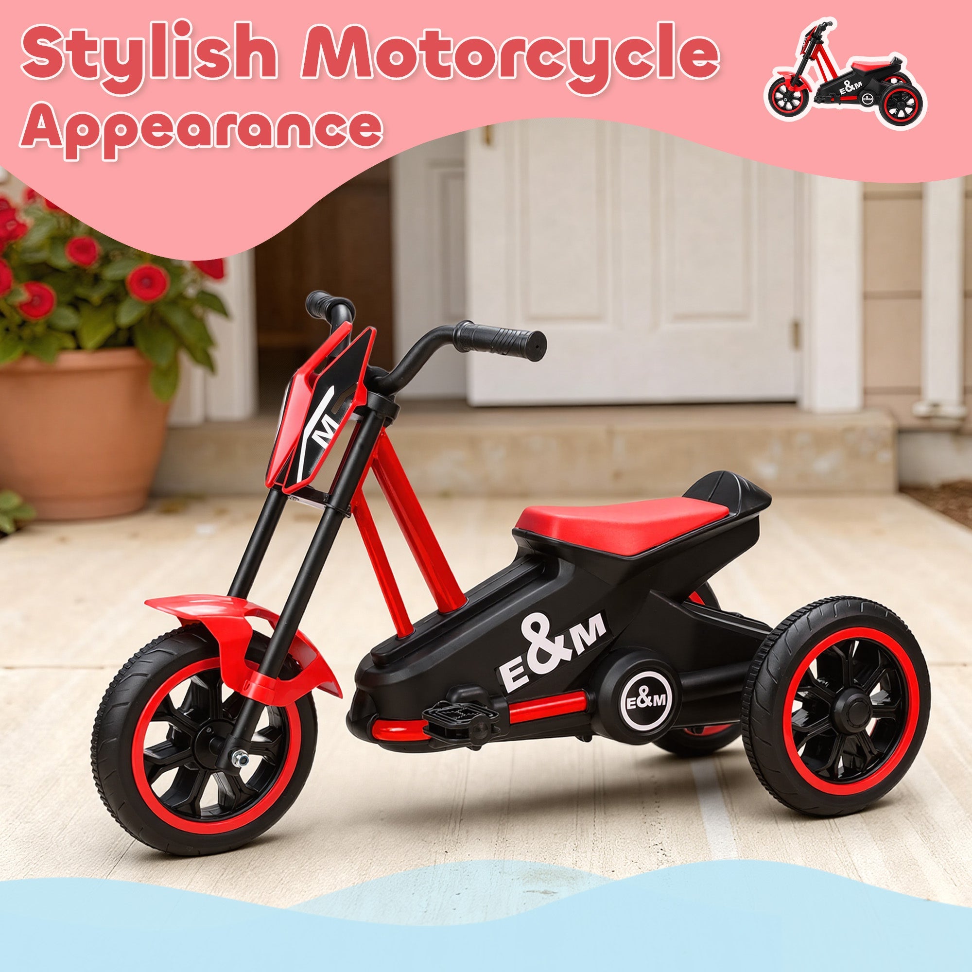 Red and black aiyaplay kids baby trike with steel frame low seat and e&m logo for indoor outdoor use