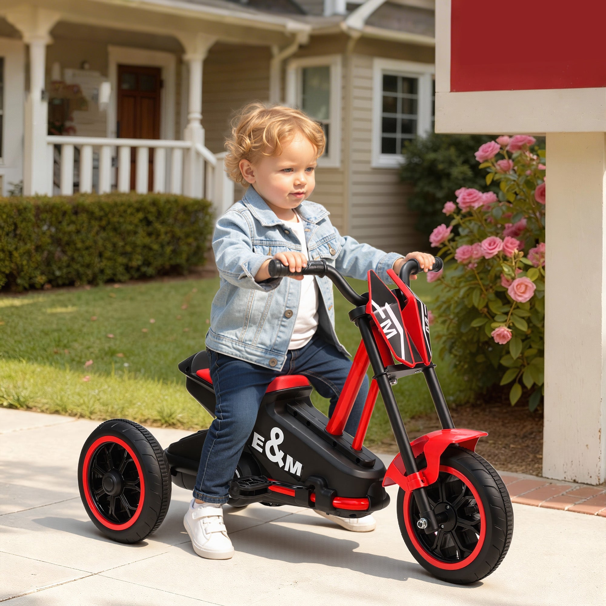 Red and black kids tricycle baby trike with steel frame and sleek motorcycle-inspired design for indoor outdoor use
