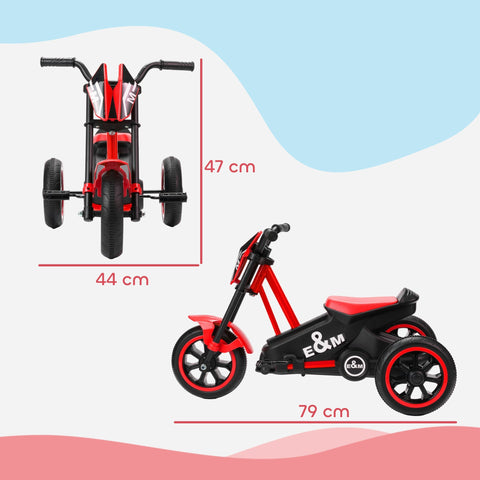 Red and black e m brand kids tricycle with steel frame baby trike in motorcycle style for indoor outdoor use