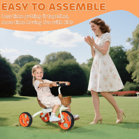 Aiyaplay kids trike white and orange three-wheeled toddler tricycle with wooden front basket and eva wheels